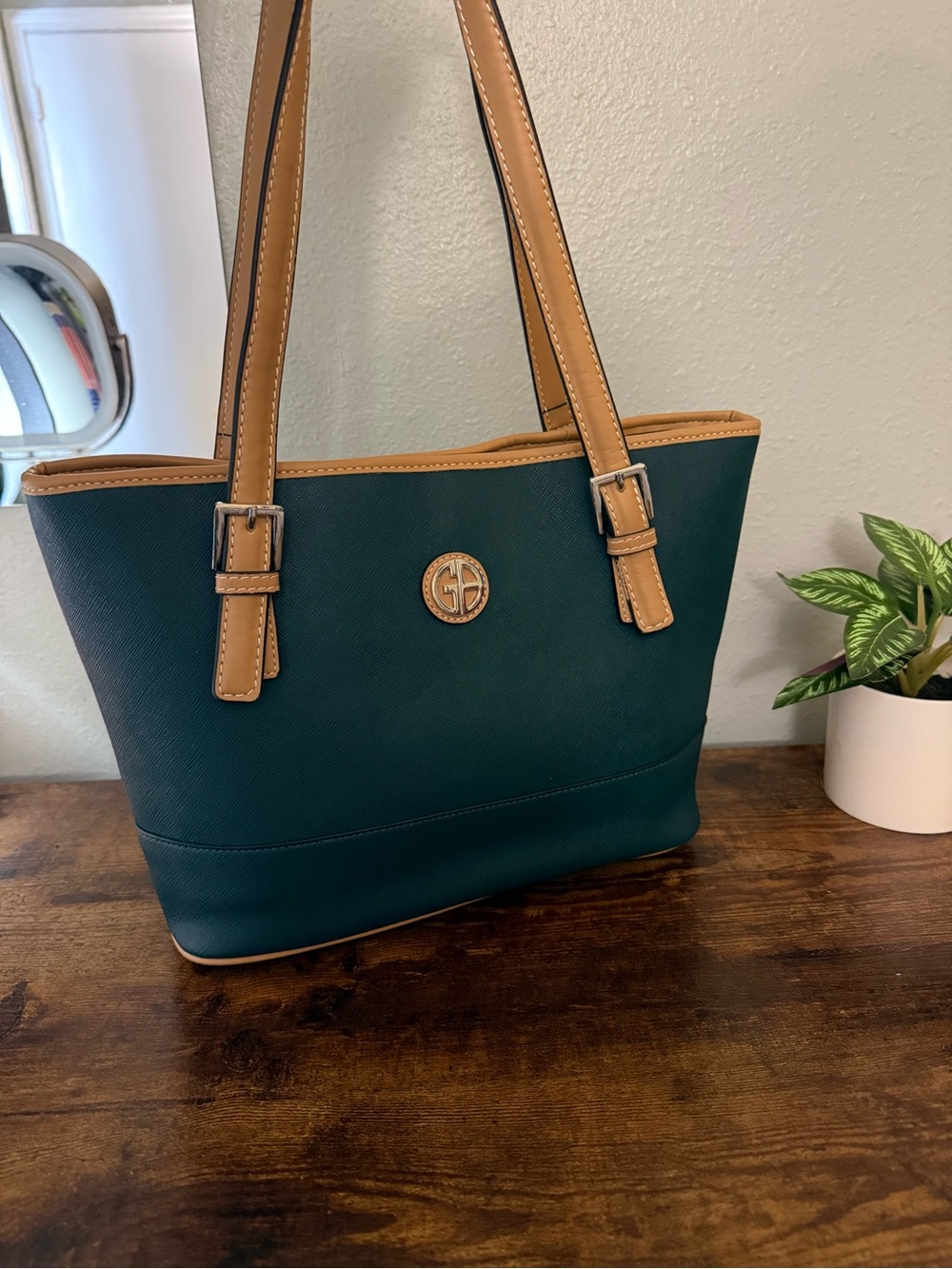 Giani Bernini Green & Tan Structured Tote Shoulder Bag